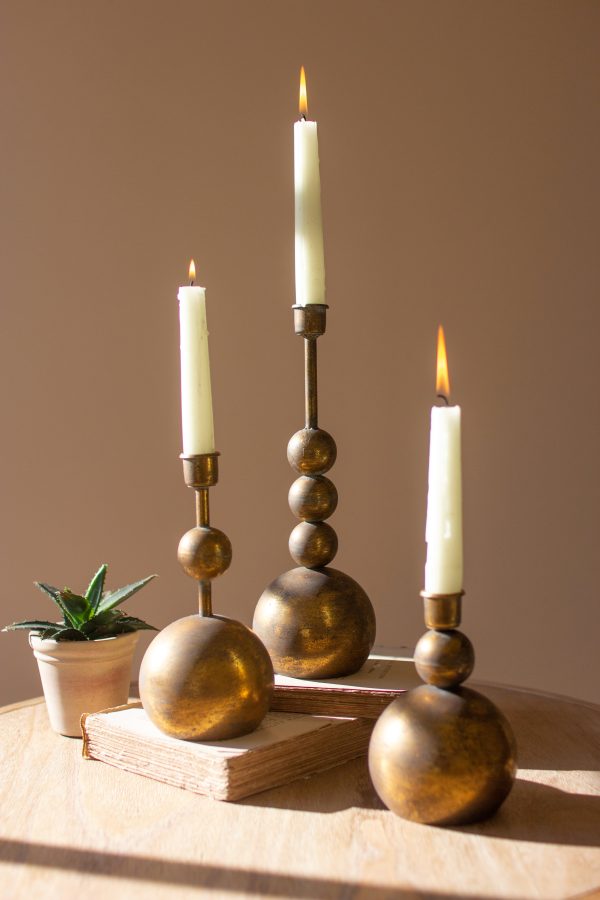 Set Of Three Antique Brass Taper Candle Holders Discount