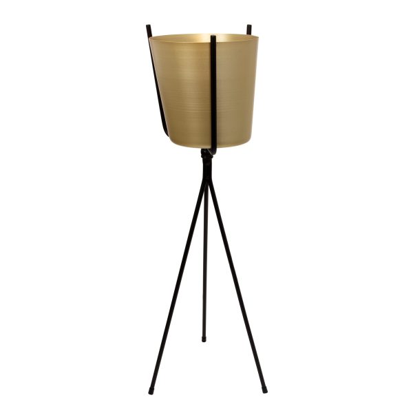 Gold Metal Planter, Black Tripod 31.5  For Sale