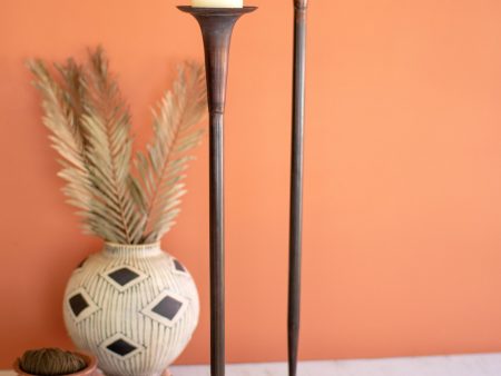 Set Of 2 Tall Metal Candle Holders W Antique Copper Finish on Sale