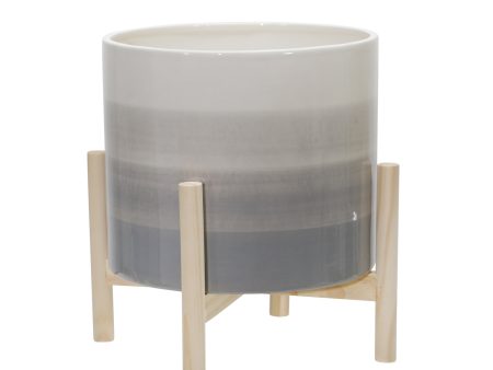 12  Ceramic Planter W  Wood Stand, Beige Mix Supply