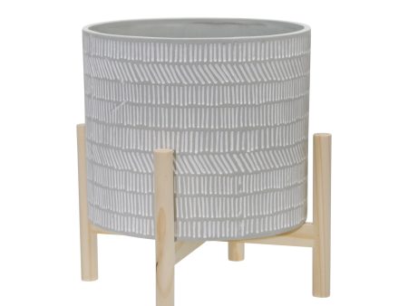 12  Ceramic Tribal Planter W  Wood Stand, Beige Discount