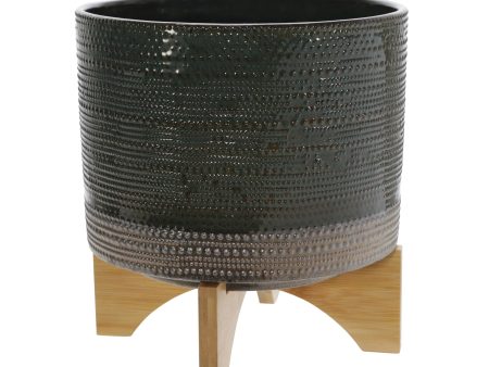 11 H Dotted Planter W  Wood Stand, Green Discount