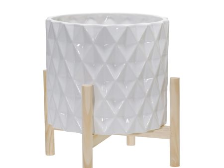 12  Ceramic Diamond Planter W  Wood Stand, White Fashion