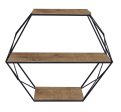 Metal Wood 3 Tier Hexagon Wall Shelf, Brown Black on Sale