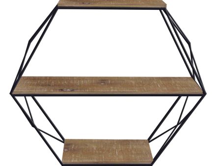 Metal Wood 3 Tier Hexagon Wall Shelf, Brown Black on Sale