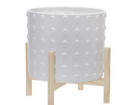 12  Ceramic Dotted Planter W  Wood Stand, White Fashion