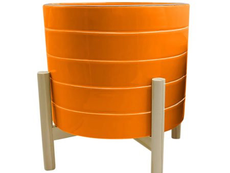 10  Striped Planter W  Wood Stand, Orange Supply