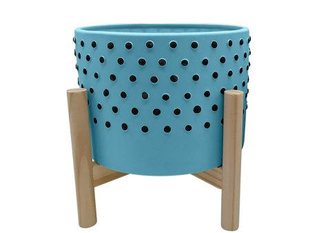 10  Dotted Planter W  Wood Stand, Blue Discount