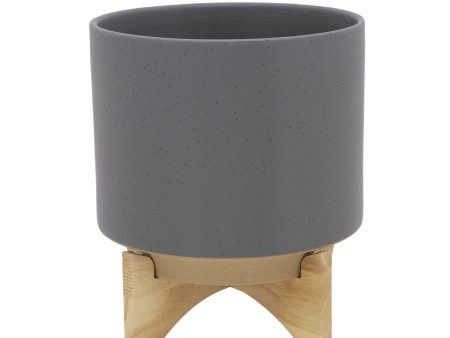 11  Planter W  Wood Stand, Matte Gray For Cheap