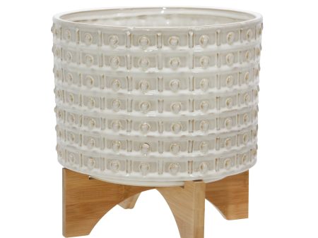 Ceramic 11  Dotted Planter W Wood Stand, Ivory Discount