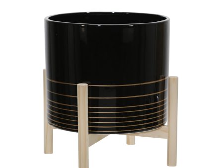 12  Ceramic Metallic Planter W  Wood Stand, Black Online Hot Sale