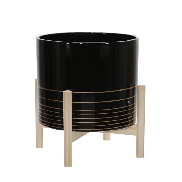 12  Ceramic Metallic Planter W  Wood Stand, Black Online Hot Sale